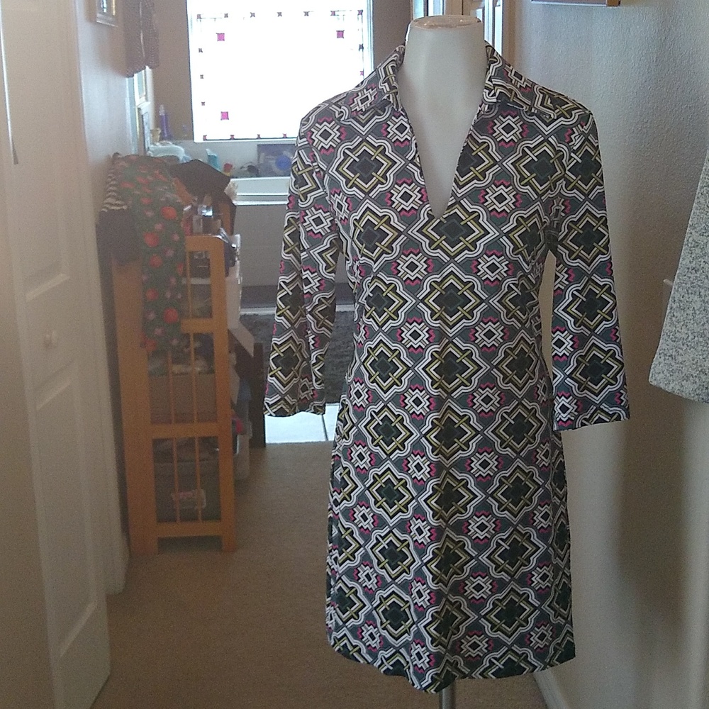 Tracy Negoshian small print Dress Green Black White pink abstract